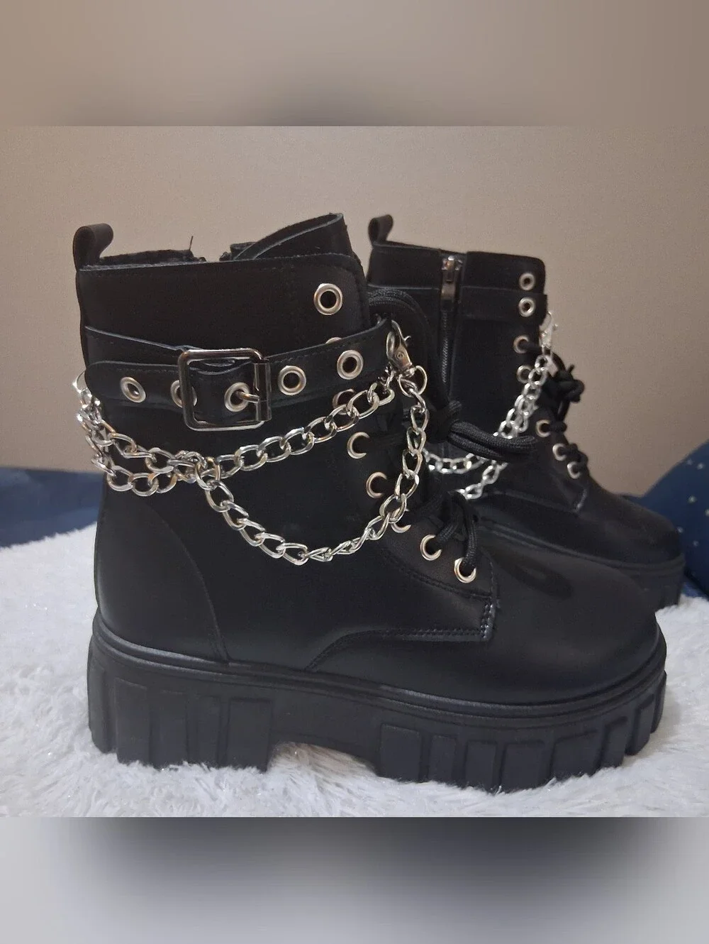 Black Kid's Platform Combat Boots with Silver Chains